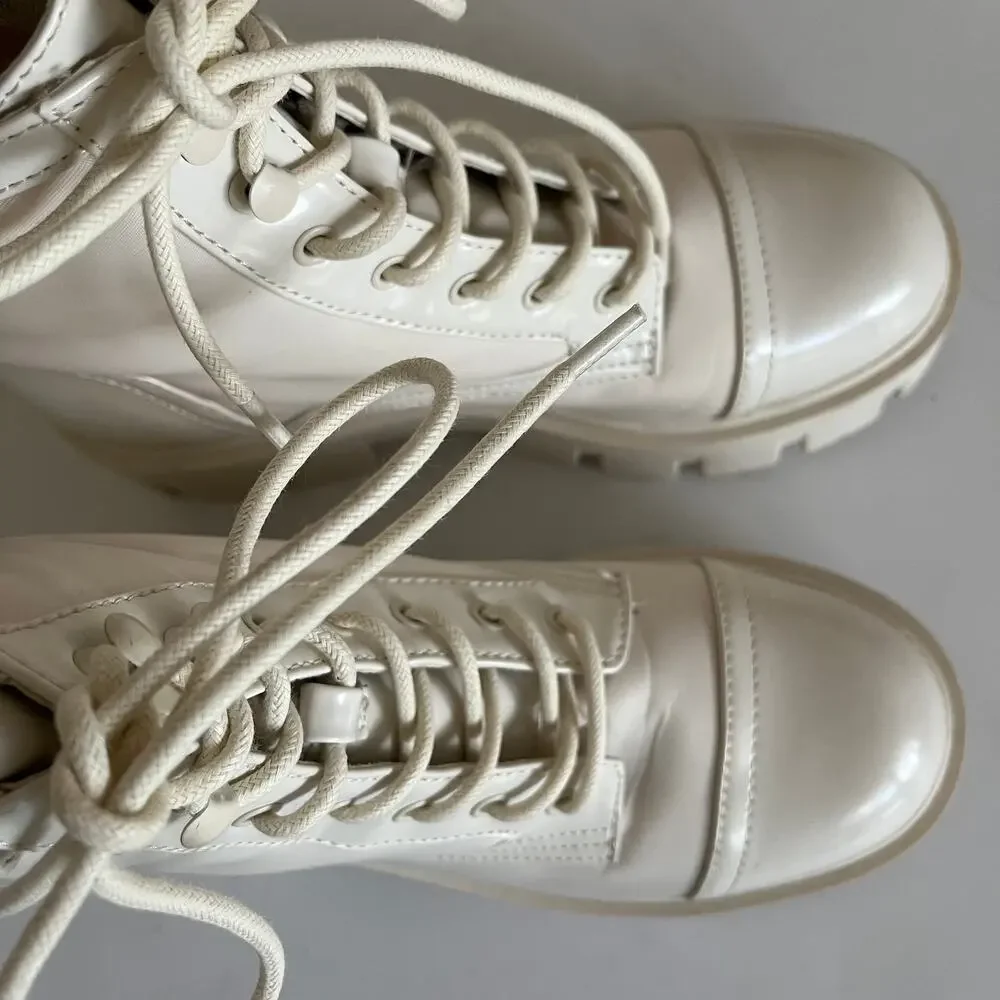 Nine West Obri 2 Women's 6M Lug Sole Cream White Combat Lace Up Boot